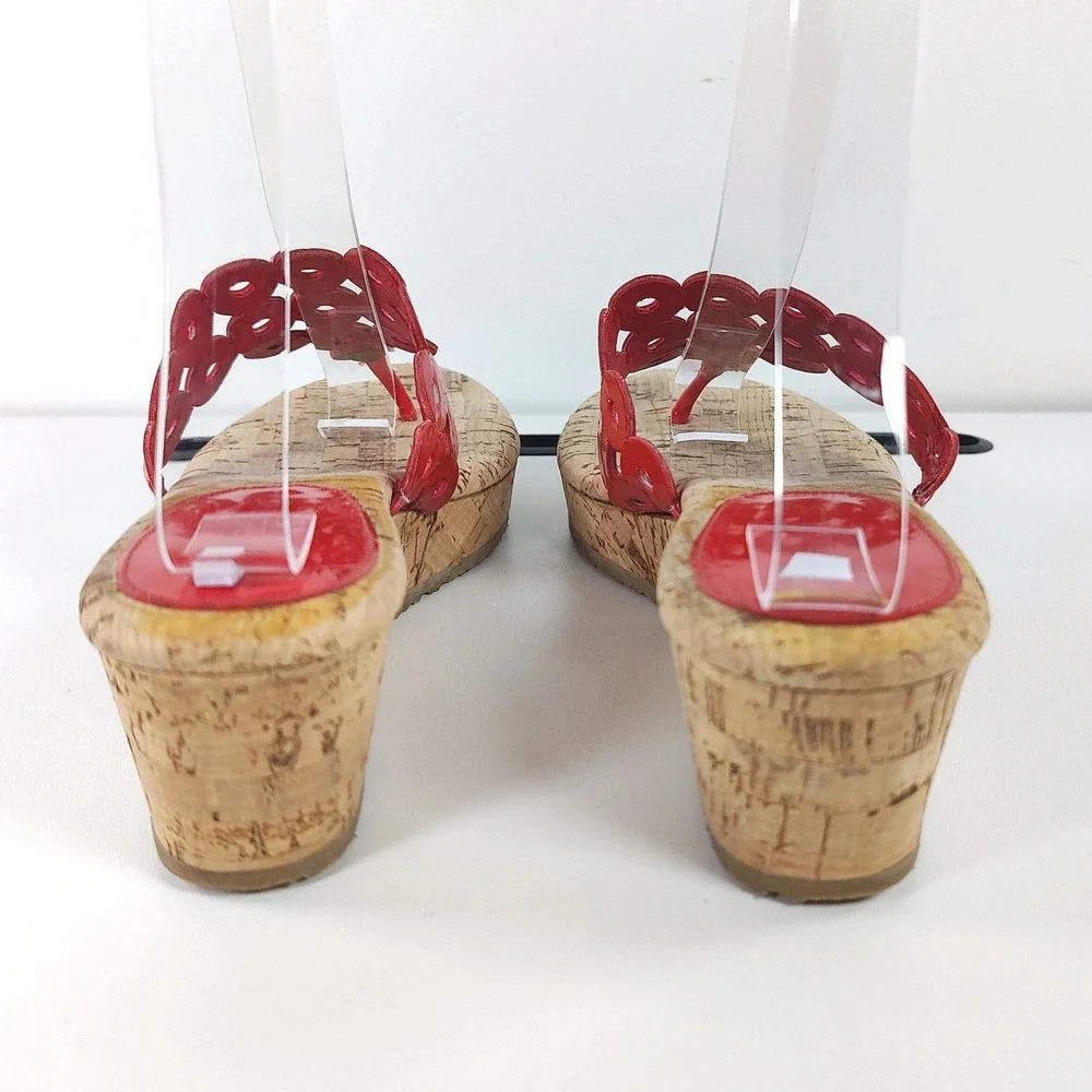 Eric Javits Red Patent Floral Cork Wedge Sandals 7.5 Resort Y2K Slide Shoes